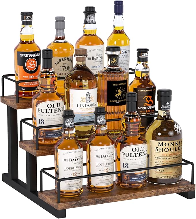Aduanbang Liquor Bottle Display Shelf, 3 Step Countertop Organizer, Retro Bar Stand for Whiskey, Wine, Spirits (Brown) by Aduanbang