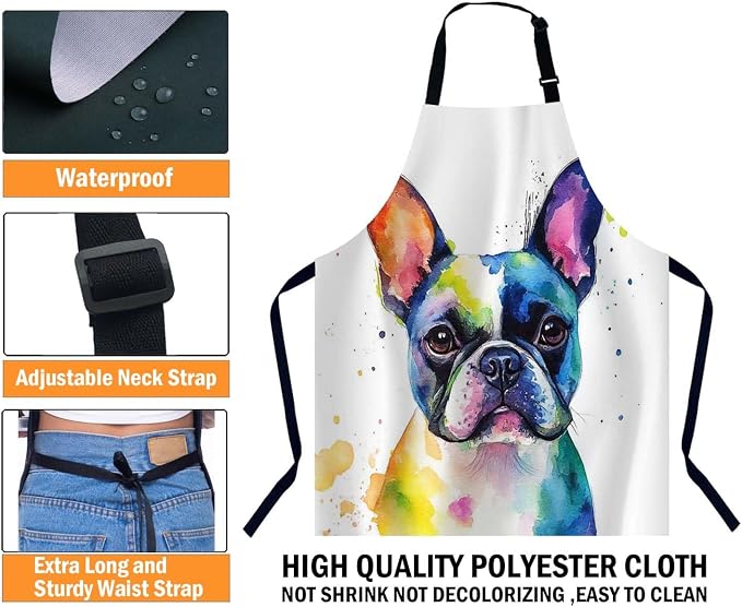 Watercolor French Bulldog Kitchen Apron for Women Men, Adjustable Apron Chef Bakers Apron Cooking Apron Cooking Baking Gardening - Image 3