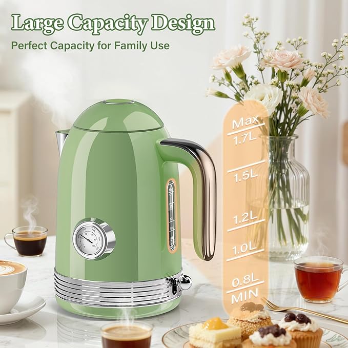 1.7L Electric Tea Kettle with Thermometer, 1500W Retro Stainless Steel Hot Water Kettle,Fast Boil Cordless Electric Kettle,Auto Shut-Off & Boil-Dry Protection