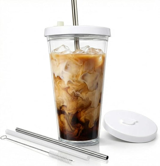 Reusable Iced Coffee Cup (16 Oz/Grande), Leak Proof and Double Wall Insulated Iced Coffee Tumbler, Come with Reusable Plastic and Metal Straws and Straw Cleaner - White