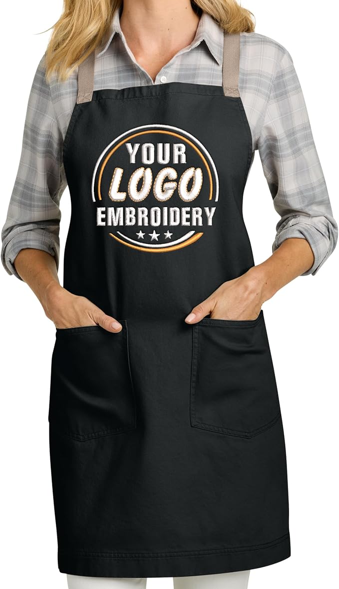 TEEAMORE Custom Apron with Pockets for Women Men Add Your Text Logo Chef Kitchen Cotton Adjustable Crossback Straps by Teeamore