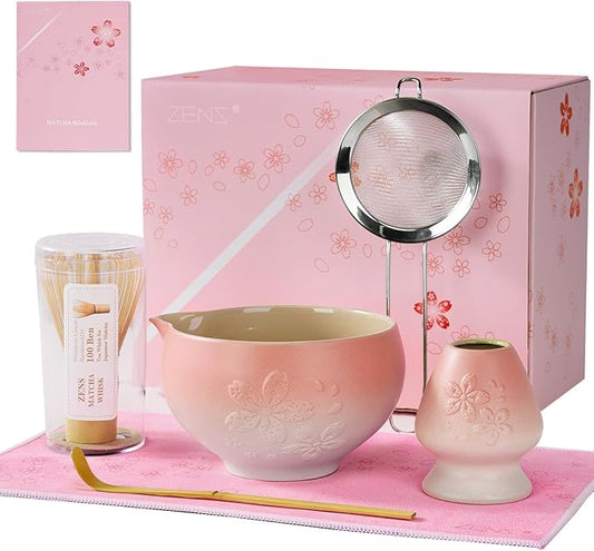 ZENS Matcha Whisk Set, 6pcs Matcha Kit Set with Matcha Bowl, Bamboo Whisk & Scoop, Chasen Holder, 304 Stainless Steel Sifter, Tea Mat for Japanese Tea Ceremony- Pale Pink