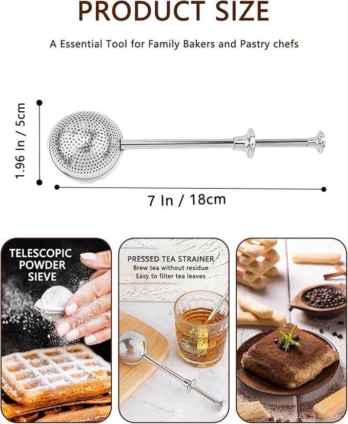 2 PCS Flour Sifter, Loose Tea Diffuser Portable Tea Strainer with Handle Tea Filter Powder Sugar Shaker Sifter Duster Baker's Dusting Wand Dispenser for Flour Spices Flour Sprinkler for Bread Baking