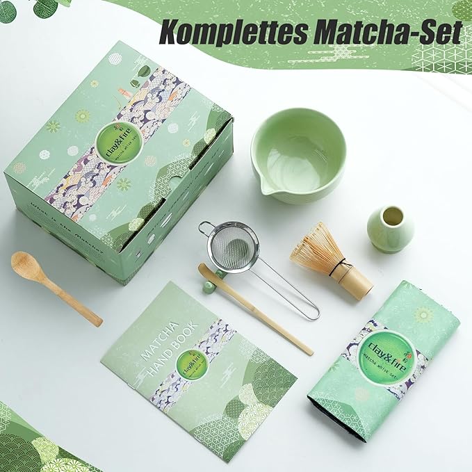 Clay&Fire Matcha Whisk Set, Ceramic Matcha Set, Matcha Bowl with Spout and Whisk, 9 pcs Matcha Tea Kit for Matcha Lovers, Ideal Gift Christmas, Birthday (Green)