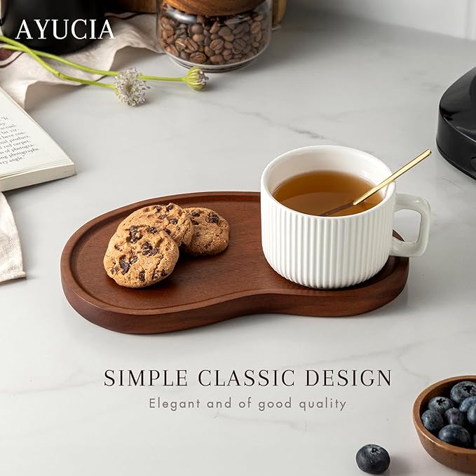 Tea Cup and Saucer Set, 8OZ Cappuccino Cup with Acacia Serving Saucer and Spoon, White Cream Ceramic Coffee Mug with 9.4inch Wooden Plate for Latte Dessert Breakfast