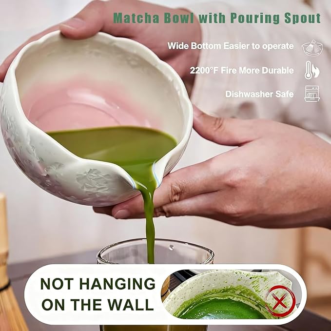 Matcha Set, 8Pcs Crystalline Glaze Ceramic Matcha Kit with Matcha Whisk, Holder, Scoop, Scoop Rest, Sifter, Spoon and Tea Towel - Thoughtful Matcha Whisk Set Gift for Matcha Lovers (Pink)