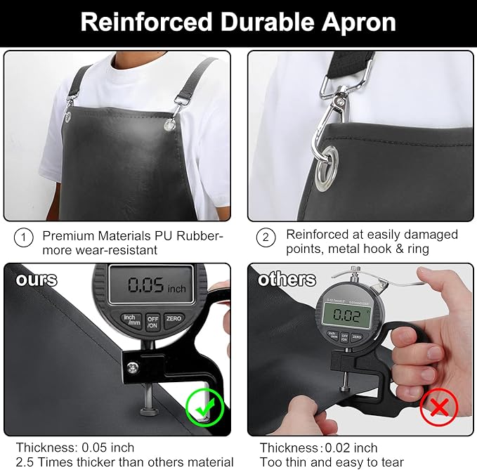 SHEOMERN Waterproof Rubber Apron, 48" XL Anti-Tear Heavy Duty Vinyl Adjustable Thicker Cross Back for Restaurant Dishwashing, Butcher, Lab Work, Dog Grooming - Black