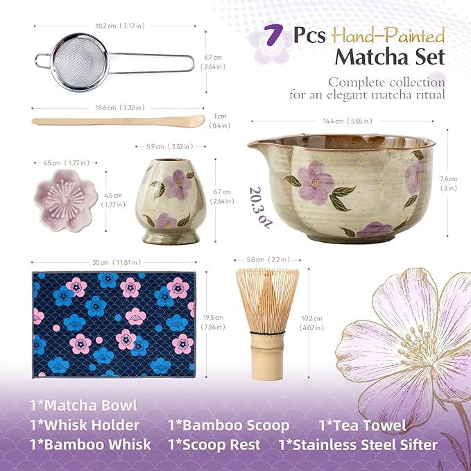 Matcha Whisk Set, 7Pcs Matcha Set with Hand-Painted Ceramic Matcha Bowl, Matcha Whisk and Holder, Scoop and Rest, Sifter, Tea Towel, Artisan Matcha Kit for Ceremony & Gifting (Purple)