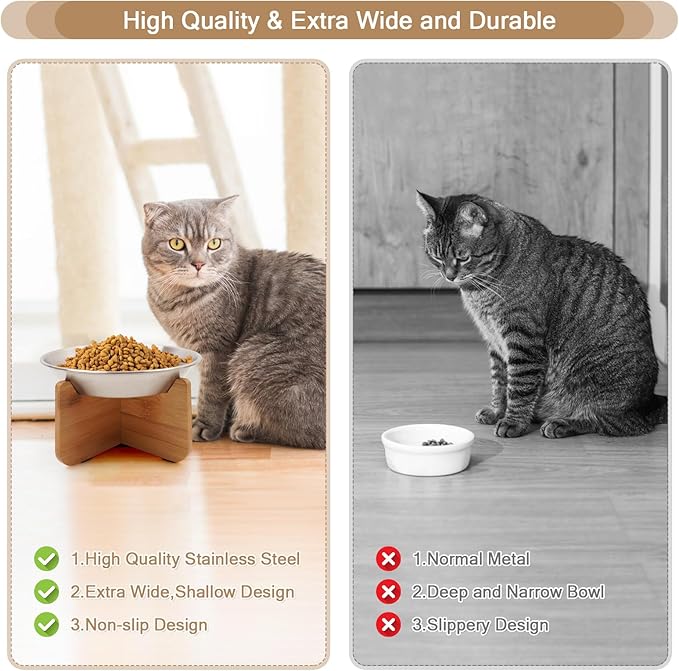 Elevated Cat Bowl with Bamboo Stand, 6.8" Extra Wide Shallow Raised Stainless Steel Cat Bowls Whisker Friendly