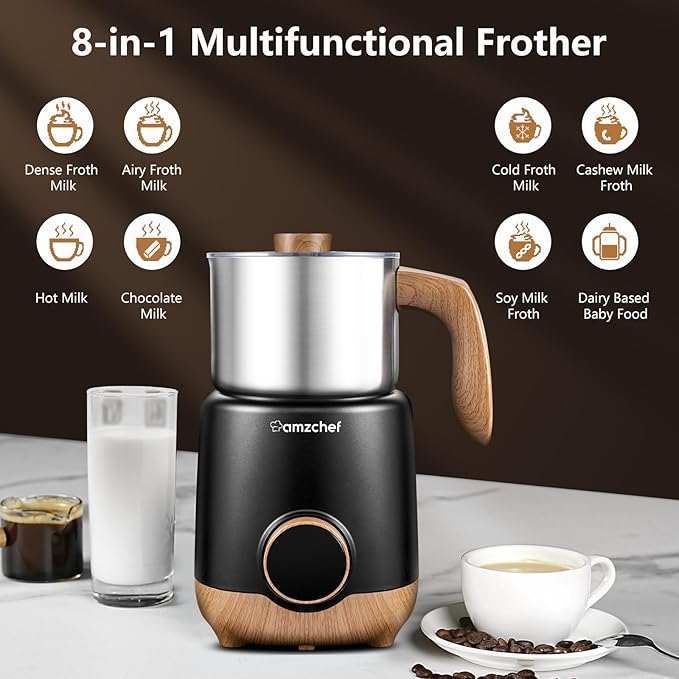 AMZCHEF 8-IN-1 Milk Frother and Steamer 550 Watts, 21 oz Split Stainless Steel Automatic Steamer, Milk's Warmer for Latte, Cappuccino, Hot and Cold Froth, Heated Milk, Hot Chocolate, Baby Food