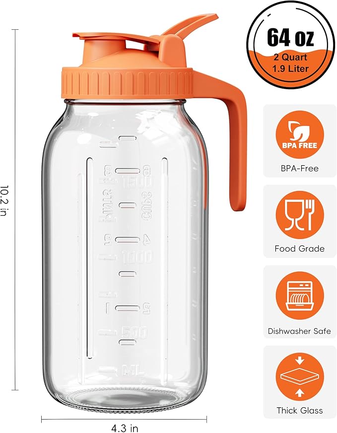 Glass Pitcher with Airtight Lid and Spout, 64oz Mason Jar Pitcher - Wide Mouth, Leakproof Water Jug for Juice, Sun Iced Tea, Cold Brew Coffee, Milk Storage, Orange