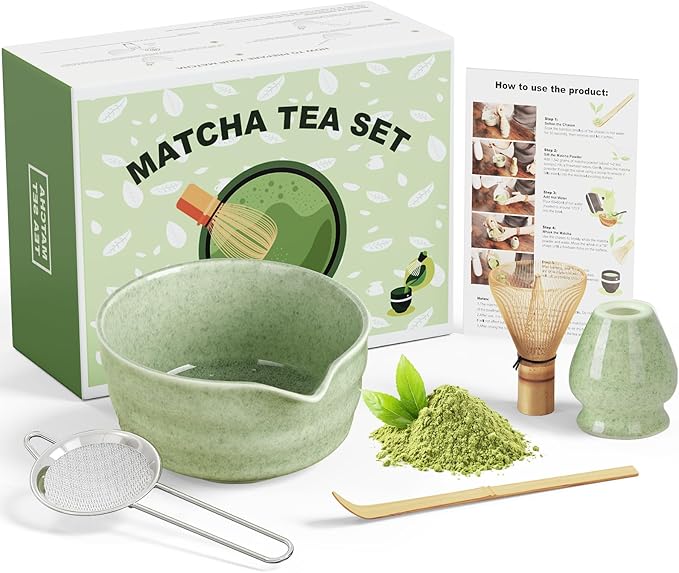 Dayacoco Matcha Whisk Set,Ceramic Matcha Kit Set Includes Bowl with Spout, Whisk,Holder,Bamboo Scoop and Sifter,5 pcs Matcha Tea Kit for Matcha Lovers, Ideal Gift for Christmas, Birthday (Green)