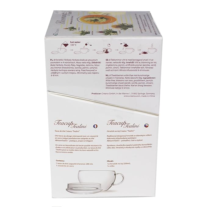 Creano Tea Gift Set Blooming Tea in Cup Size - 8 pcs Flowering White Tea with Glass Tea Cup - 7oz (200ml)