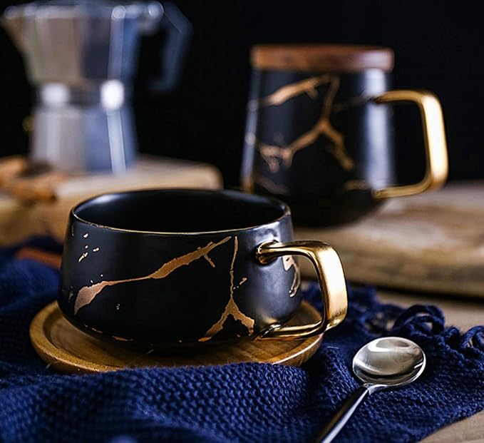 Jusalpha 10 oz Golden Hand Print Tea Cup And Saucer Set/Coffee Cup And Bamboo Saucer Set TCS19 (Black)