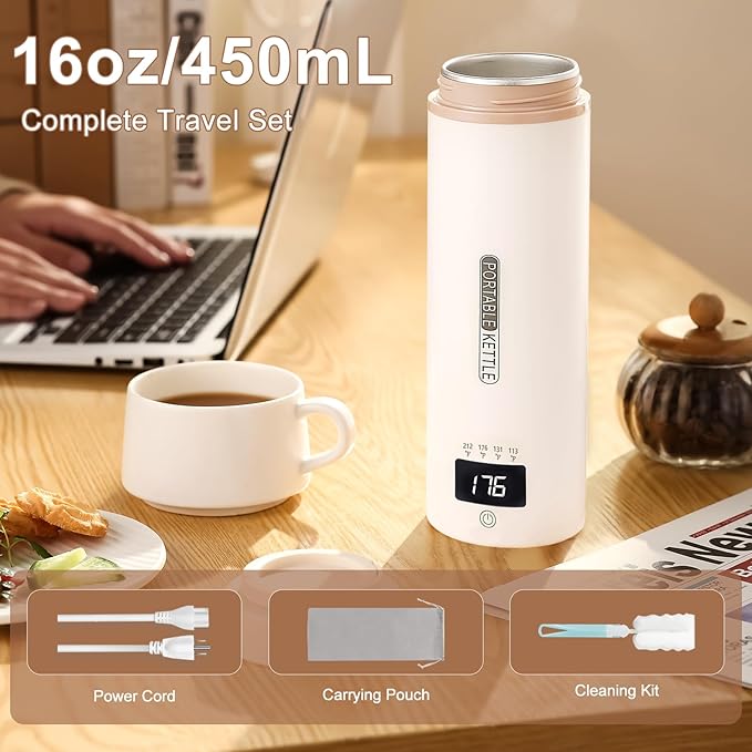 Travel Kettle, Portable Electric Kettle with 4 Temperature Controls, 304 Stainless Steel with Auto Shut-off & Leak Proof, Beige (120V)
