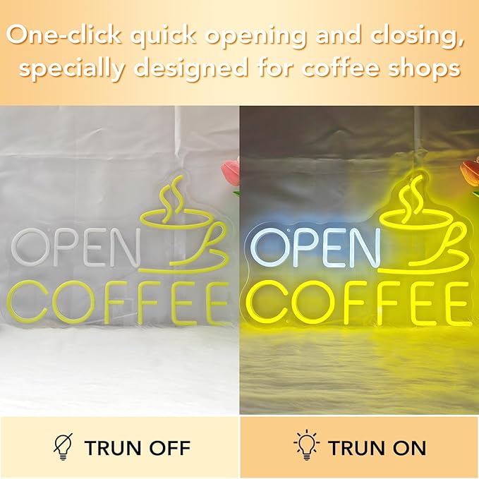 Open Coffee LED Neon Sign for Shops, Home Coffee Bar Essential, Espresso Stations, Front Window, Nook Decors,10-Level Brightness Adjustable, Neon Light Sign 17Inch,Warm White and Yellow for Mother's Day Décor Gifts