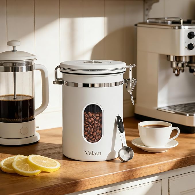 Veken Coffee Canister with Window, Easter Gifts Airtight Stainless Steel Container with Lids, Home Kitchen Food Storage Jars for Grounds, Beans, Tea, Flour, Cereal, Sugar, Basket, Scoop, 22OZ, White