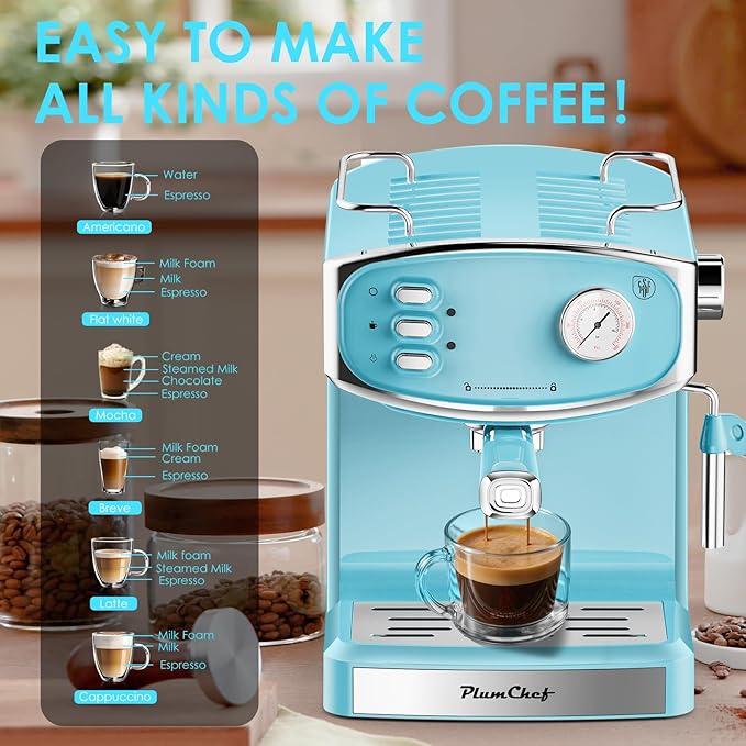 20 Bar Espresso Machine for home- Professional Compact Espresso Maker with Milk Frother Steam Wand, Pressure Gauge & 54oz Large Water Tank, Low Noise Fast Brewing for Cappuccino, Latte