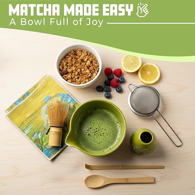 Matcha Whisk Set – 8-Piece Japanese Tea Ceremony Kit with Ceramic Bowl, Bamboo Chasen, Spoon Rest, Scoop, Sifter, Holder & Towel, Authentic Matcha Starter Set for Tea Lovers