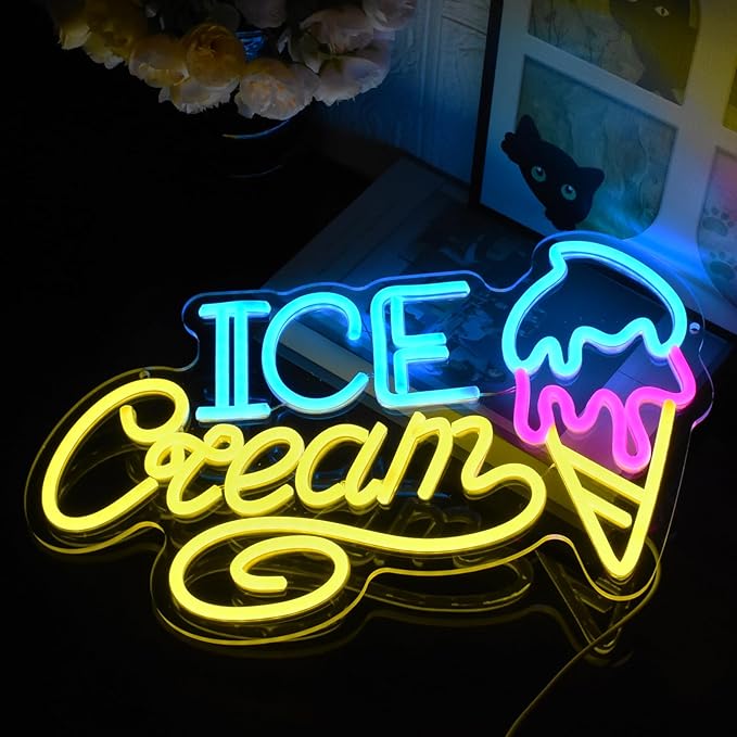 Ice Cream Neon Sign for Wall Decor, Ice Cream Shaped LED Signs Colorful Neon Light Up Sign USB Dimmable Letter Neon Wall Sign for Bedroom Restaurant Cafe Drink Bar Business Ice Cream Shop