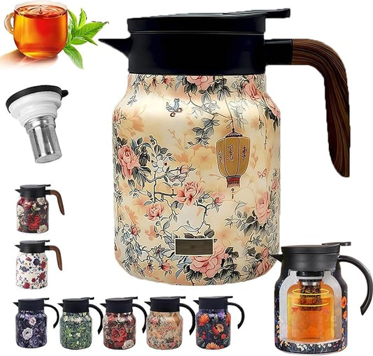 Insulated Tea Pots,Vintage Floral Pattern Tea Pot-Built-in Infuser,Colorful Vintage Floral Pattern Teas,Stainless Steel Teapot 1000mL with Lid for Hot Drinks,Pink(Wooden Handle,35OZ)