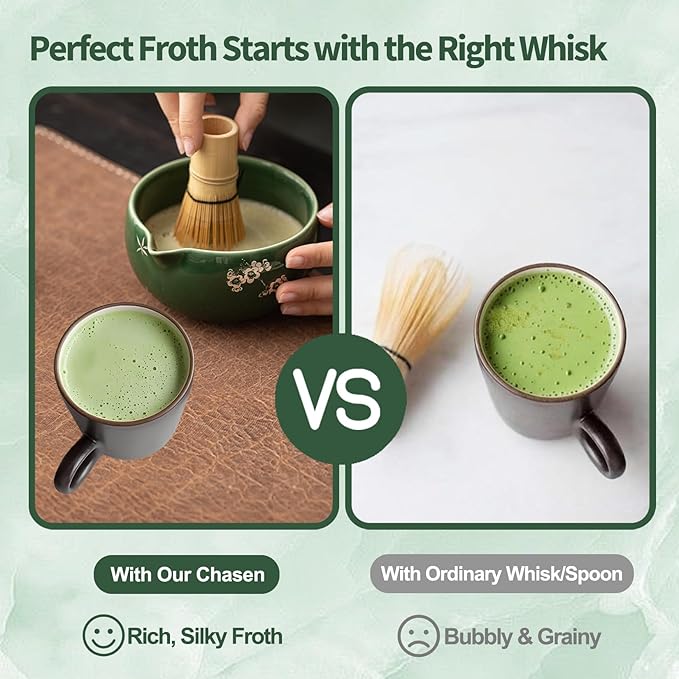 Matcha Whisk Set, Ceramic Matcha Kit Set Includes Matcha Bowl, Matcha Whisk and Holder, Bamboo Scoop and Spoon, Scoop Rest, Sifter and Tea Towel - 8 Pcs Matcha Kit for Matcha Lovers, Green