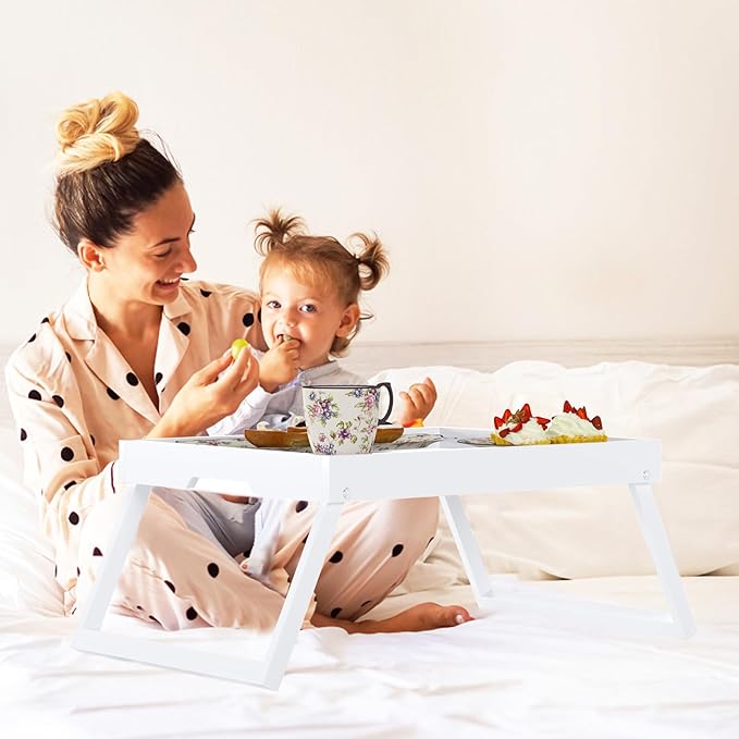 2 Pack Bed Tray Table with Foldable Legs, Bamboo Breakfast Tray for Sofa, Beds, Eating, Working, TV Table, Food, Dinner, Computer Trays, Laptop Desk Snack Folding Trays in Bed, White
