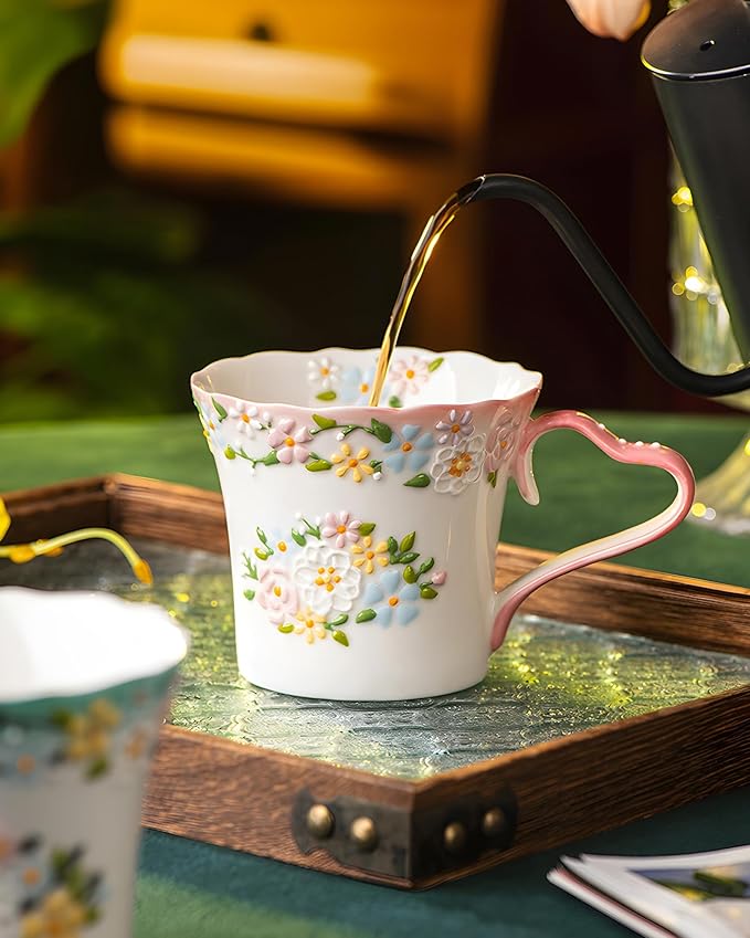 12oz Embossed Floral Ceramic Coffee Mug – Handcrafted Cottagecore Pottery Cup with Vintage Pastel Design, Dishwasher & Microwave Safe, Romantic Gift Mug for Her