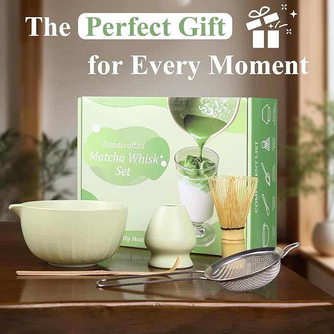 Matcha Whisk Set, Matcha Bowl with Spout, Matcha Whisk & Holder, Stainless Sifter and Bamboo Scoop, Complete Matcha kit Gift for Matcha Lovers & Starter