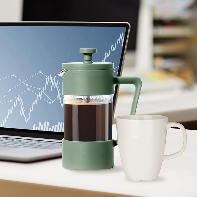 Oggi French Press Coffee Maker (12oz)- Borosilicate Glass, Coffee Press, Single Cup French Press, 3 cup Capacity, Olive