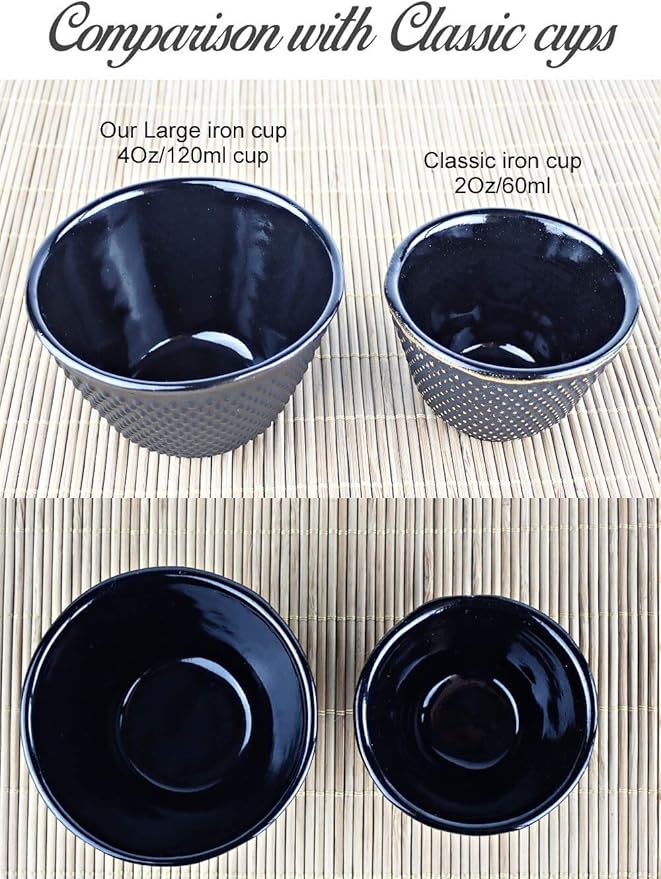 Japanese Tea Cups - 4pc Black Cast Iron Set, 2 Tea Cups and Saucers, 4oz Each