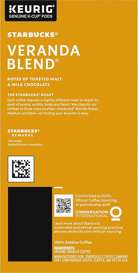 Starbucks Coffee K-Cup Pods, Veranda Blend, Blonde Roast Coffee, Notes of Toasted Malt & Milk Chocolate, Keurig Genuine K-Cup Pods, 24 CT K-Cups/Box (Pack of 3 Boxes)