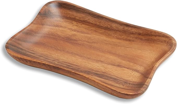 Woodard & Charles Acacia Wood Medium Pinched Serving Tray, for Charcutreie, Sushi, Dessert, Sandwiches and More, 9.5" x 6" x 0.75", 9.5" x 6"