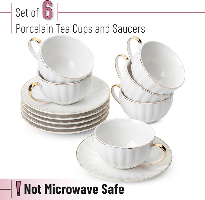 BTaT- Cappuccino Cups with Saucers 7 oz with Gift Box, Set of 6, White Porcelain Coffee Cup and Saucer Set for Latte with Golden Trim Design, Dishwasher Safe, Mocha, Tea, Au Lait, Flat White