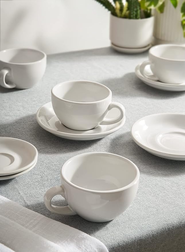 LE TAUCI Cappuccino Cups with Saucers 8 oz, Set of 4 Large Ceramic Coffee Cup Set for Latte, Au Lait, Flat White, Mocha, Tea Cup Set, Dishwasher Safe, Embossed Coffee Cups, White