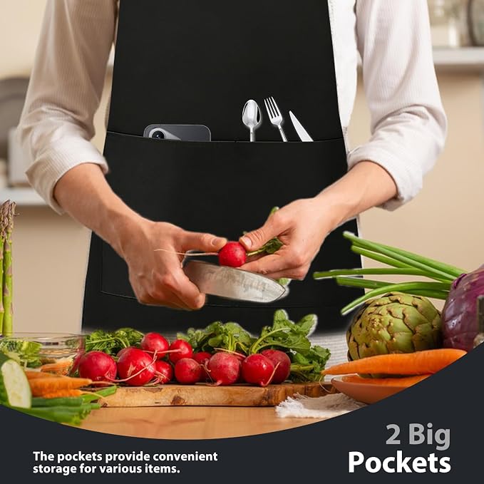 VALOME 2 Pack Kitchen Aprons with Pockets, Cooking Chef Apron for Men Women | Adjustable Neck Strap, Unisex Bib Soft Aprons, Cotton-Blend, for Grilling Cooking Gardening Baking - Image 4