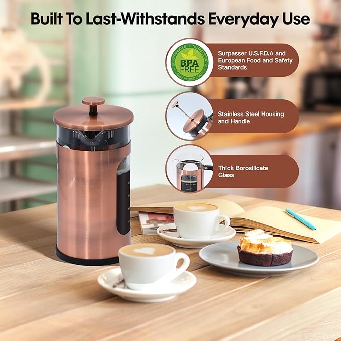Panana 34 Ounce 1 Liter French Press Coffee Maker, Heat Resistant Borosilicate Glass Coffee Press, Cold Brew Coffee Pot Tea Press for Kitchen, Stainless Steel (Upgraded Stainless Steel Copper)