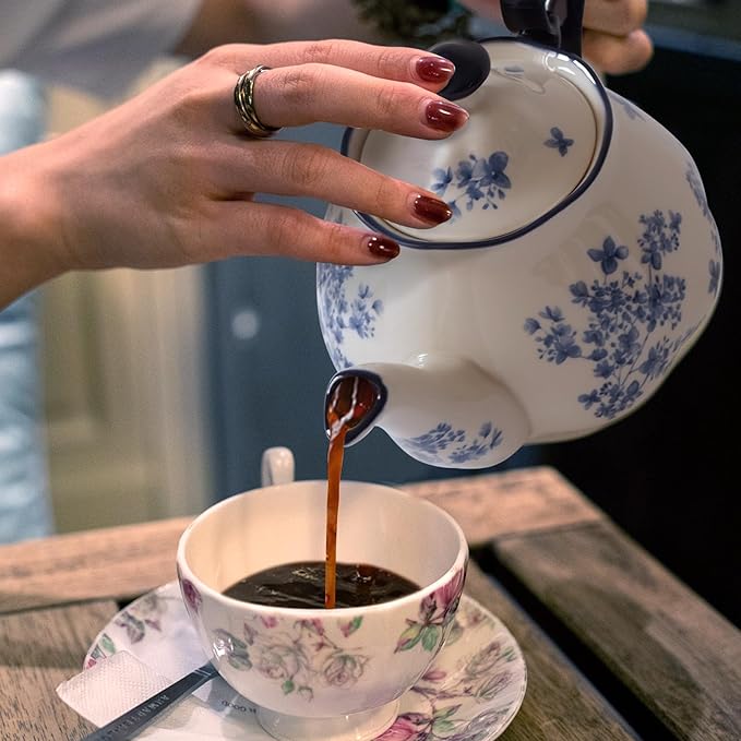 Bone China European Style Floral Ceramic Teapot - 45oz, Perfect for Tea Sets, Loose Tea, and Parties