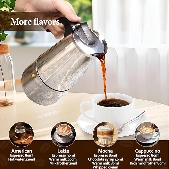 9 Cup Stainless Steel Moka Pot Stovetop Espresso Maker Italian Coffee Machine 450ml 15oz Suitable for Gas Induction Stovetop Mocha Greca Coffee Maker Percolator Straight