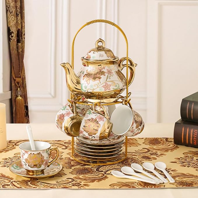 CHANJOON Gold Plated Red Rose Ceramic Tea Set, Vintage Tea Sets with Teapot, Beautiful Tea Set Coffee Serving 6 People (pink, Medium)