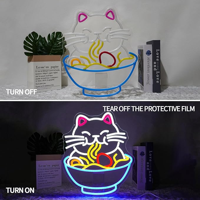 Fortune Cat Ramen Neon Sign Dimmable Lucky Cat Neon Light Sign for Wall Decor Japanese Noodles Led Signs for Home Kitchen Restaurant Bar Party Business Decor Gift 12.6" x 15"