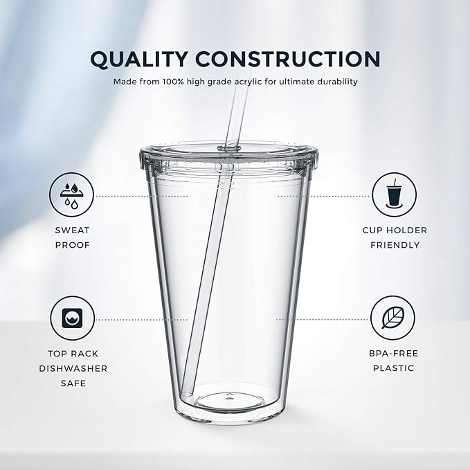 Maars Classic Clear Tumbler with Lid and Straw | 16oz Premium Acrylic, Insulated Double Wall Plastic Reusable Cups, BPA-Free To Go Cups for Ice Coffee, Fruit Teas & Water