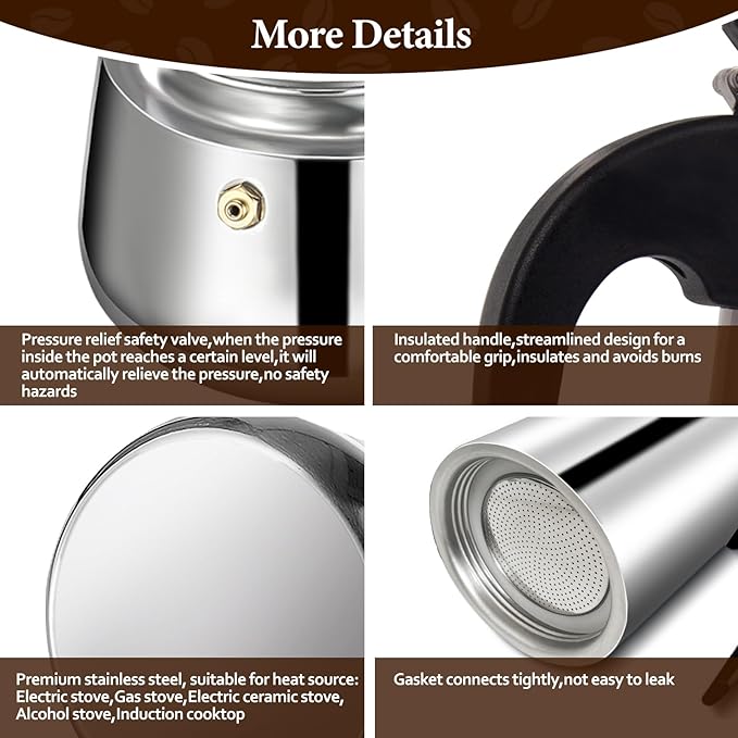 6 Cup Stainless Steel Moka Pot Stovetop Espresso Maker Italian Coffee Machine 300ml 10oz Suitable for Gas Induction Stovetop Mocha Greca Coffee Maker Percolator Straight