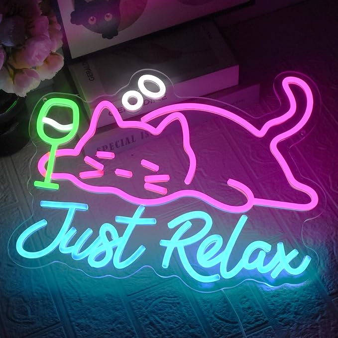 Cat Beer Neon Sign, Just Relax Neon Signs for Wall Decor, USB Dimmable Pink Cat Bar Light Up Sign for Pet Lover Bedroom Bar Birthday Party Game Room Man Cave Home Decor