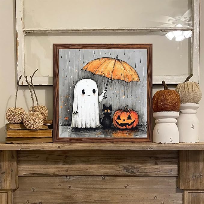 Whimsical Halloween Decorative Sign Black Cat, Ghosts & Pumpkin Wooden Sign, With Frame Sign for Home Office, Cafe, Bedroom Halloween Decor 7.87x7.87 Inch - Image 6