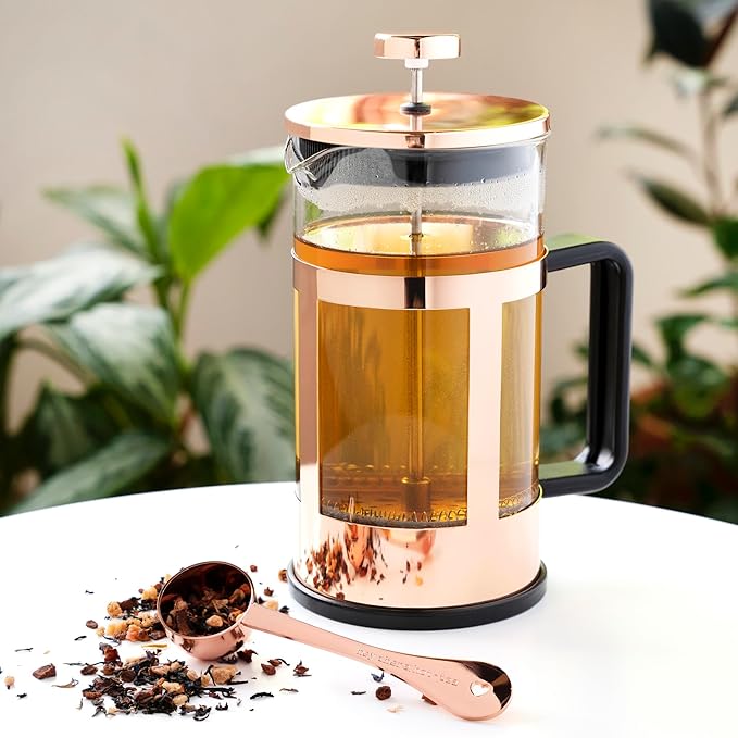 Pinky Up Piper Tea Press Pot, Coffee Maker, French Press for Loose Leaf Tea and Coffee, Hot or Iced Beverage Brewer, 34 oz, Rose Gold