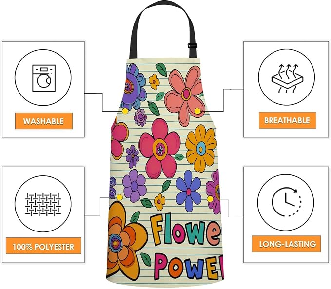 Flower Power Apron for Women Men, Adjustable Apron Cooking Kitchen Chef Apron for Home Kitchen, Baking Gardening BBQ, Coffee House, Restaurant - Image 4