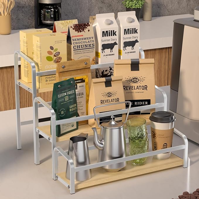 Coffee Syrup Rack,12 Bottle Capacity,3 Tier Coffee Bar Organizer,Kitchen Wine Rack,Coffee Station for Syrup, Wine Stand Shelf,Coffee Bar Accessories (Light Yellow Wood, White)