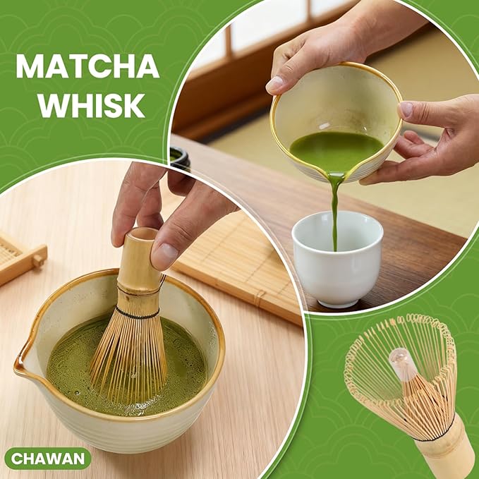 Matcha Set, 7-Piece Japanese Matcha Kit with Ceramic Bowl, Bamboo Whisk, Ceramic Whisk Holder, Stainless Steel Sifter, Chashaku Scoop, Bamboo Spoon and Tea Towel