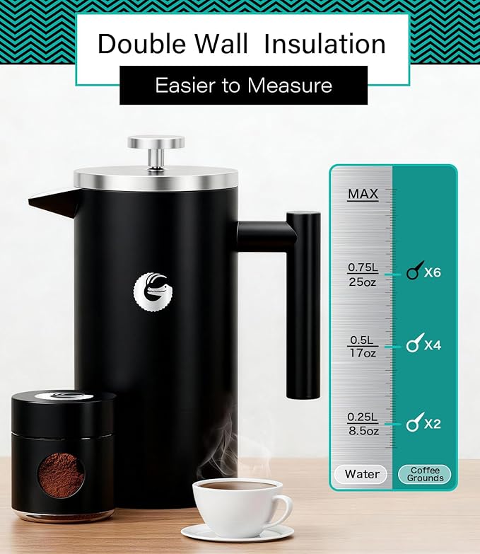 Coffee Gator 304 Grade Stainless Steel French Press Coffee Maker 34 oz, Double Wall Insulated Hot Cold Brew Teapot with 4-Level Filtration System, Include Travel Jar Canister, Rust-Free, Travel, Black